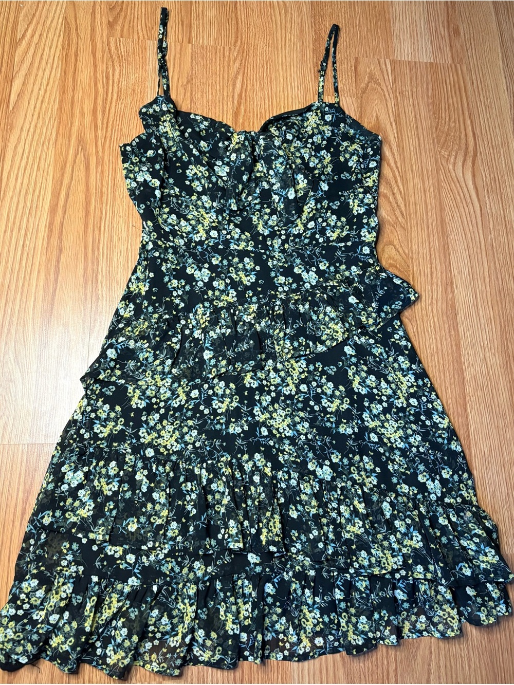 Lulu's Black Dress with Yellow and Aqua Floral Accent - Picture 3 of 10